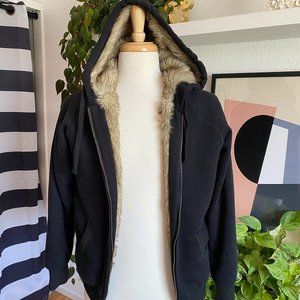 Faux Fur lined black hoodie jacket coat